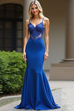 Sparkly Royal Blue Sheath Spaghetti Straps Sequin Long Prom Dress