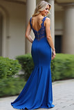 Sparkly Royal Blue Sheath Spaghetti Straps Sequin Long Prom Dress