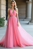 Pink Tulle V-Neck A-Line Ruched Long Wedding Guest Dress