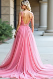 Pink Tulle V-Neck A-Line Ruched Long Wedding Guest Dress