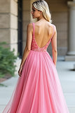 Pink Tulle V-Neck A-Line Ruched Long Wedding Guest Dress