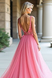 Pink Tulle V-Neck A-Line Ruched Long Wedding Guest Dress