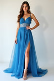 Blue Tulle Spaghetti Straps A-Line Ruched Long Wedding Guest Dress with Slit