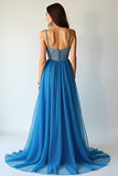 Blue Tulle Spaghetti Straps A-Line Ruched Long Wedding Guest Dress with Slit