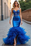 Royal Blue Mermaid Spaghetti Straps Ruffles Long Formal Dress with Beading