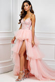 Blush Pink A-Line Spaghetti Straps Ruffled Tulle Long Formal Dress with Appliques