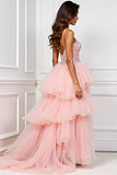 Blush Pink A-Line Spaghetti Straps Ruffled Tulle Long Formal Dress with Appliques