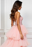 Blush Pink A-Line Spaghetti Straps Ruffled Tulle Long Formal Dress with Appliques