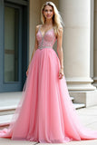 Pink A-Line Spaghetti Straps Tulle Long Formal Dress with Beading