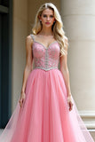 Pink A-Line Spaghetti Straps Tulle Long Formal Dress with Beading