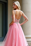 Pink A-Line Spaghetti Straps Tulle Long Formal Dress with Beading