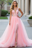 Glitter Blush Pink A-Line Deep V Tulle Appliques Long Formal Dress with Slit