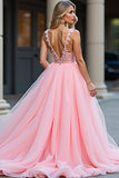 Glitter Blush Pink A-Line Deep V Tulle Appliques Long Formal Dress with Slit