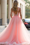 Glitter Blush Pink A-Line Deep V Tulle Appliques Long Formal Dress with Slit