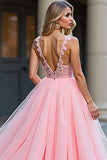 Glitter Blush Pink A-Line Deep V Tulle Appliques Long Formal Dress with Slit