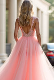 Glitter Blush Pink A-Line Deep V Tulle Appliques Long Formal Dress with Slit