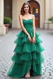 Dark Green Strapless A-Line Ruffles Tulle Long Formal Dress