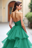 Dark Green Strapless A-Line Ruffles Tulle Long Formal Dress