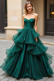 Dark Green A-Line Strapless Ruffled Tulle Formal Dress