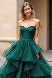 Dark Green A-Line Strapless Ruffled Tulle Formal Dress