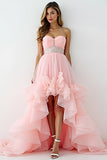 Glitter Blush Pink A-Line Strapless Ruffles High-Low Ruched Formal Dress with Beading