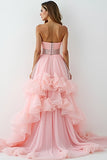 Glitter Blush Pink A-Line Strapless Ruffles High-Low Ruched Formal Dress with Beading