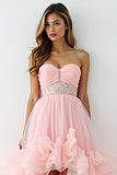 Glitter Blush Pink A-Line Strapless Ruffles High-Low Ruched Formal Dress with Beading