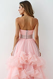 Glitter Blush Pink A-Line Strapless Ruffles High-Low Ruched Formal Dress with Beading