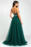 Sparkly Dark Green A Line Sequin Long Prom Dress With Slit