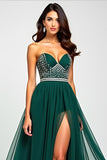 Sparkly Dark Green A Line Sequin Long Prom Dress With Slit