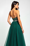 Sparkly Dark Green A Line Sequin Long Prom Dress With Slit