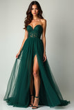 Dark Green A Line Sweetheart Strapless Tulle Long Prom Dress with Slit