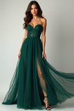 Dark Green A Line Sweetheart Strapless Tulle Long Prom Dress with Slit