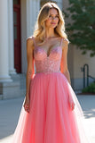 Blush Pink A-Line Sequin Tulle Formal Dress