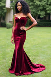 Simple Burgundy Mermaid Strapless Long Formal Dress