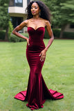 Simple Burgundy Mermaid Strapless Long Formal Dress