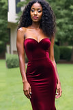 Simple Burgundy Mermaid Strapless Long Formal Dress