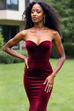 Simple Burgundy Mermaid Strapless Long Formal Dress