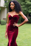 Simple Burgundy Mermaid Strapless Long Formal Dress