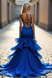 Royal Blue Mermaid Spaghetti Straps Ruffled High-Low Formal Dress with Beading