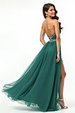 A Line Dark Green Strapless Appliqued Long Prom Dress with Slit