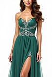 A Line Dark Green Strapless Appliqued Long Prom Dress with Slit