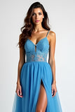 Light Blue A Line Spaghetti Straps Long Prom Dress with Slit