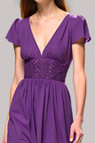 Purple V-Neck Ruched Long Wedding Guest Dress with Short Sleeves