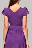 Purple V-Neck Ruched Long Wedding Guest Dress with Short Sleeves