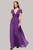 Purple V-Neck Ruched Long Wedding Guest Dress with Short Sleeves