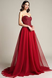 A Line Sequin Burgundy Strapless Tulle Long Prom Dress