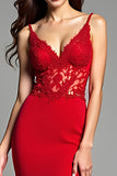 Red Spaghetti Straps Mermaid Appliqued Long Prom Dress