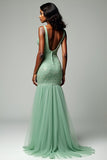 Dusty Sage Mermaid Spaghetti Straps Lace Long Prom Dress