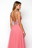 Sparkly Watermelon Spaghetti Straps Corset Long Prom Dress With Sequin